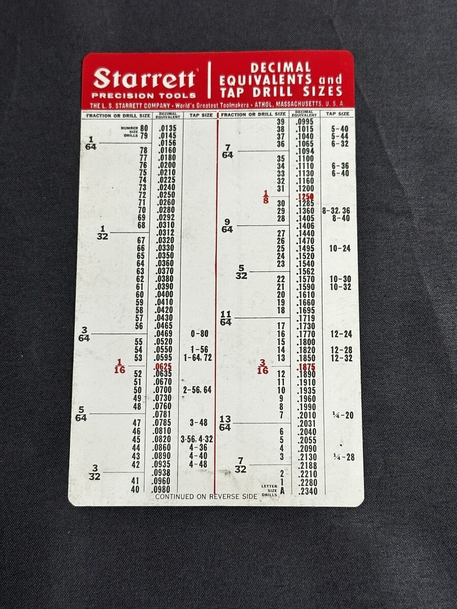 VTG STARRETT Tap Drill Size Decimal Equivalents Pocket Card Chart 3