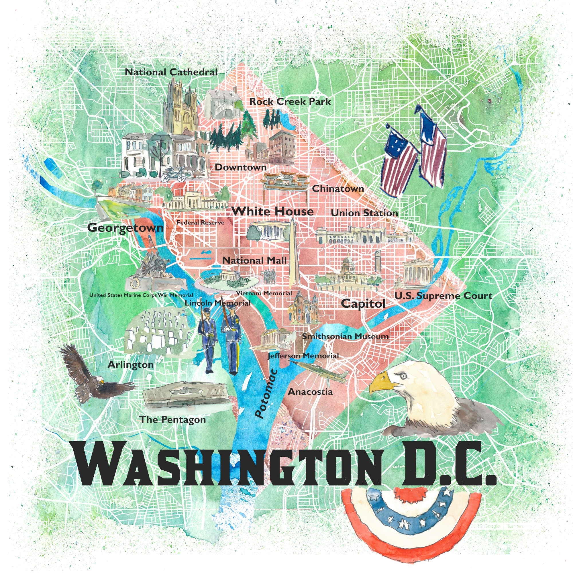 Washington DC USA Illustrated Map With Main Roads Landmarks And Highlights Etsy Sweden
