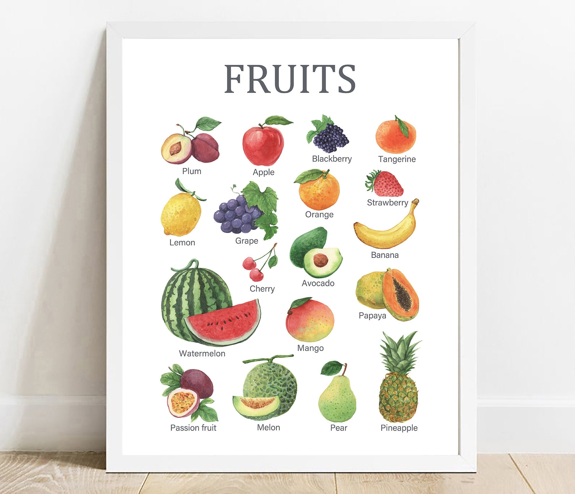 Watercolor Fruits Chart Educational Nursery Decor digital Download Etsy Israel