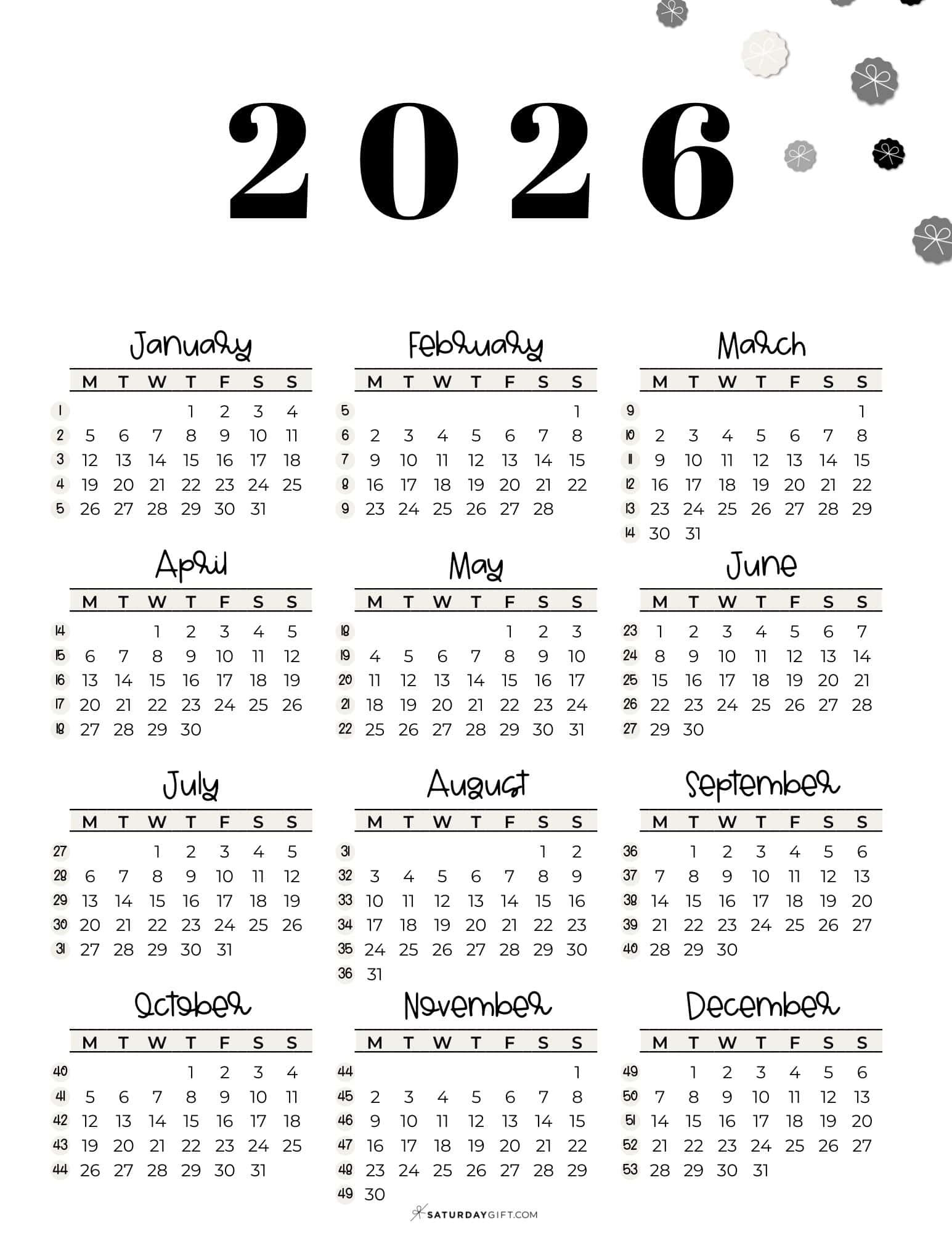 52 Week Calendar 2026 Printable