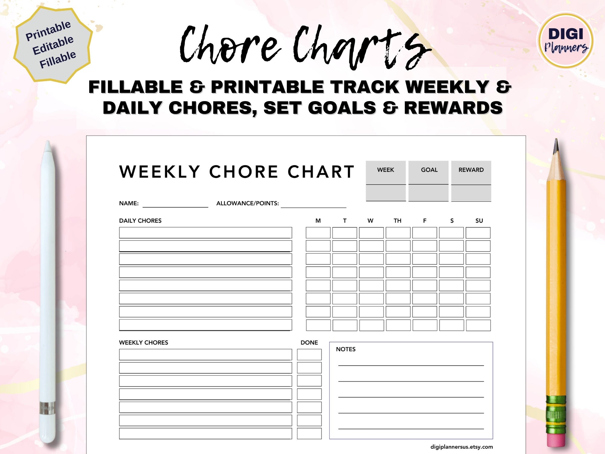 Weekly Chore Chart Allowance Printable Digital Positive Habits Kids Teens Family Planner Track Rewards Goals Home School Checklist White Etsy