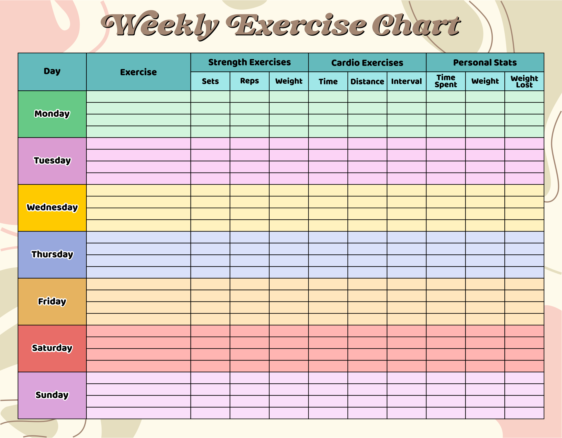 Weekly Exercise Chart Templates 10 Free PDF Printables Printablee
