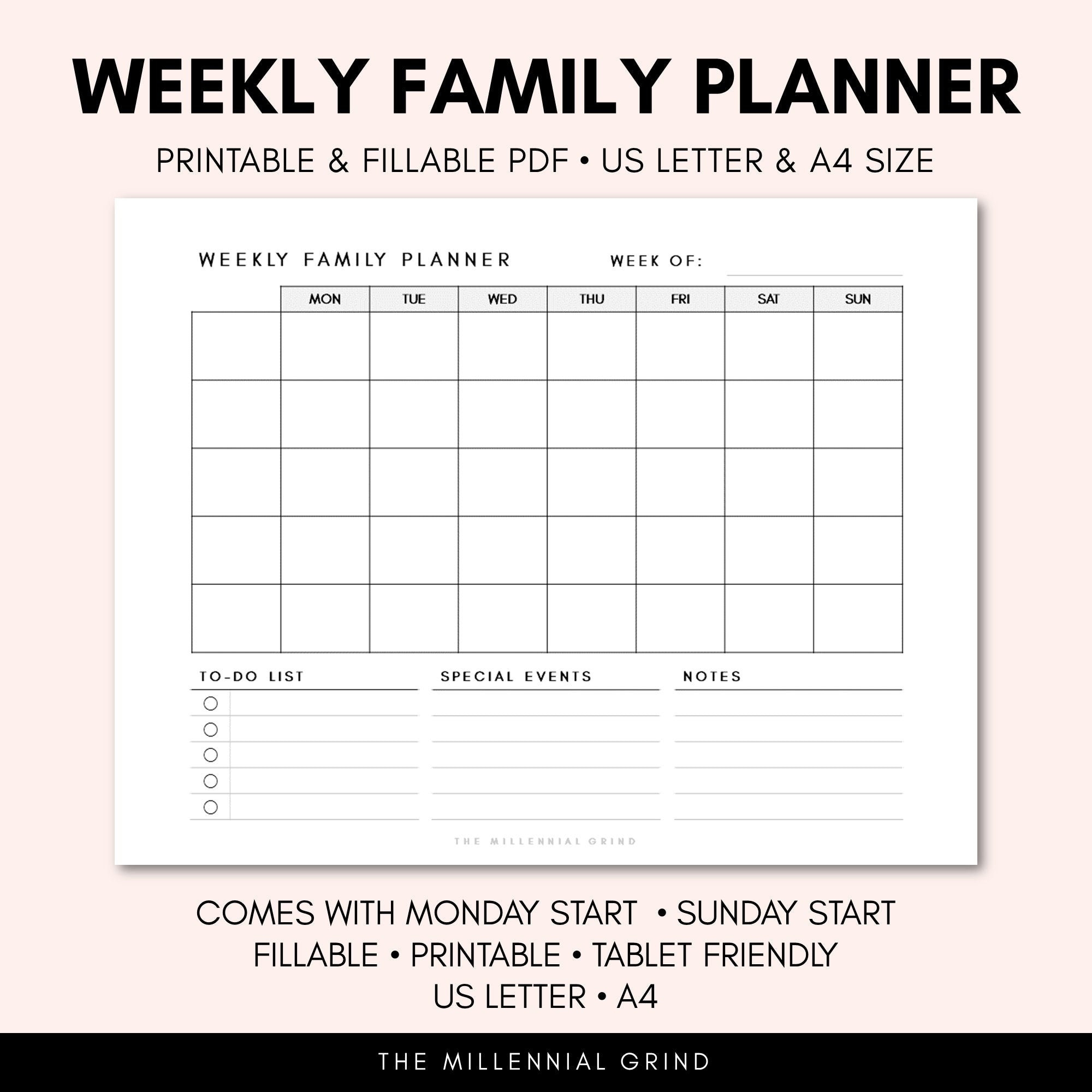 Weekly Family Planner Printable Instant PDF Download Fillable PDF US Letter A4 Size Family Calendar To do List Chores List Etsy Denmark