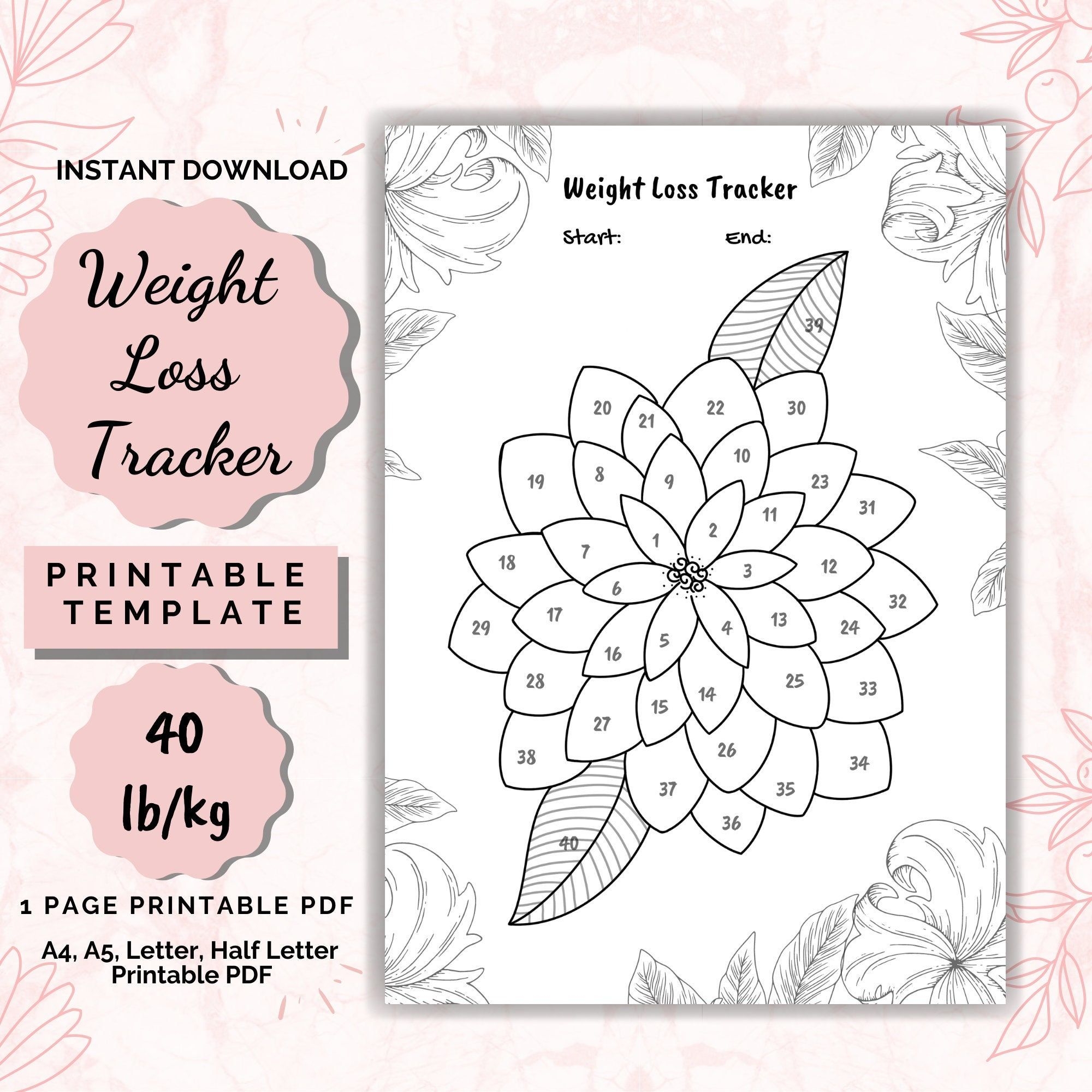 Weight Loss CHART Tracker Slimming Record Progress Motivation Diet Pen Printable Weight Loss Tracker Pdf