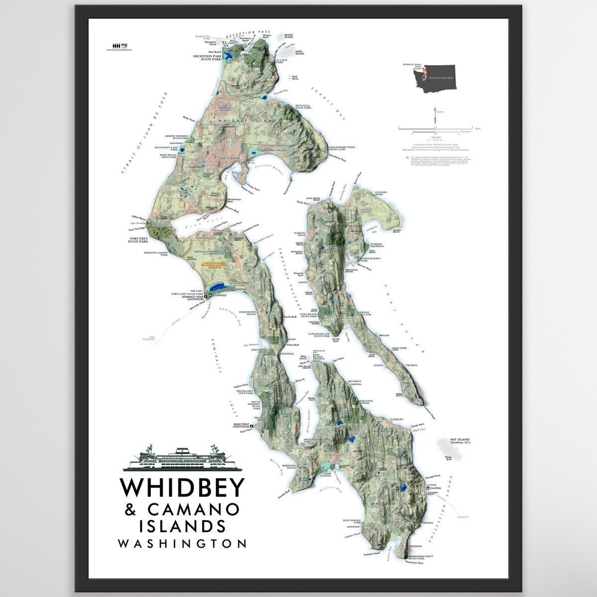 Whidbey Island Washington Map 24 In X 18 In Etsy