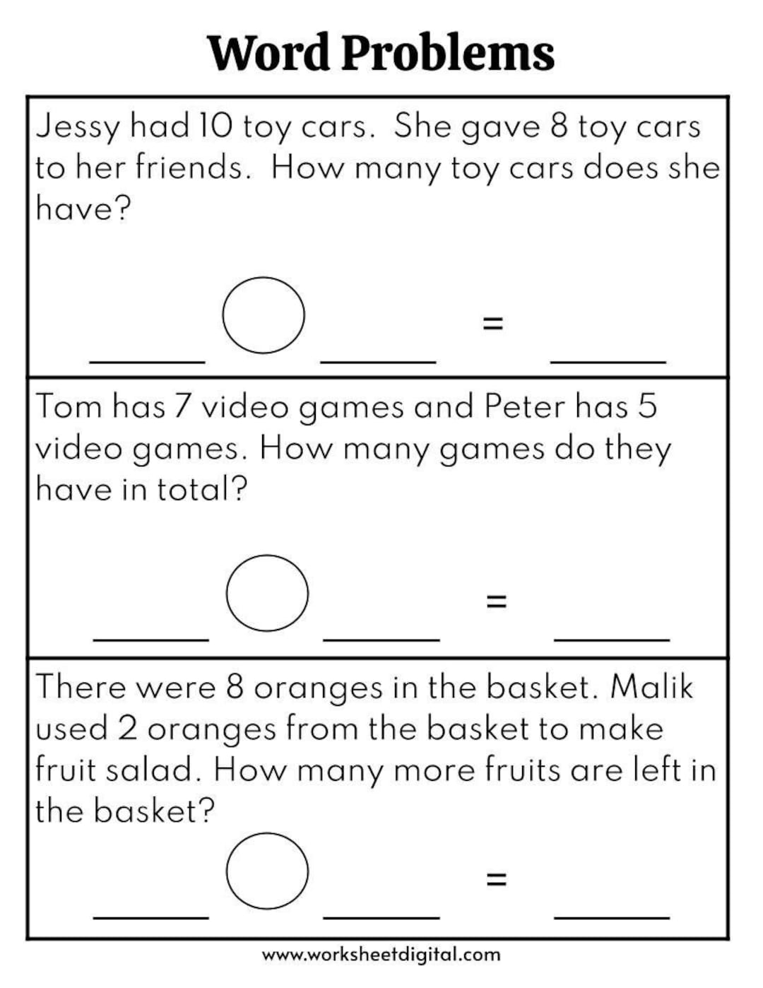 Word Problems Worksheet For 1st Grade 2nd Grade Math Worksheet Solve Word Problems Easy One step Word Problems Printable Etsy