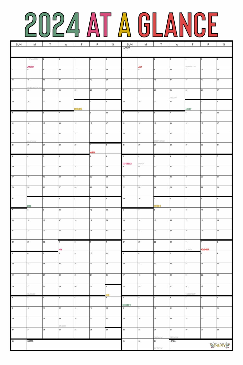 Printable One Year Calendar