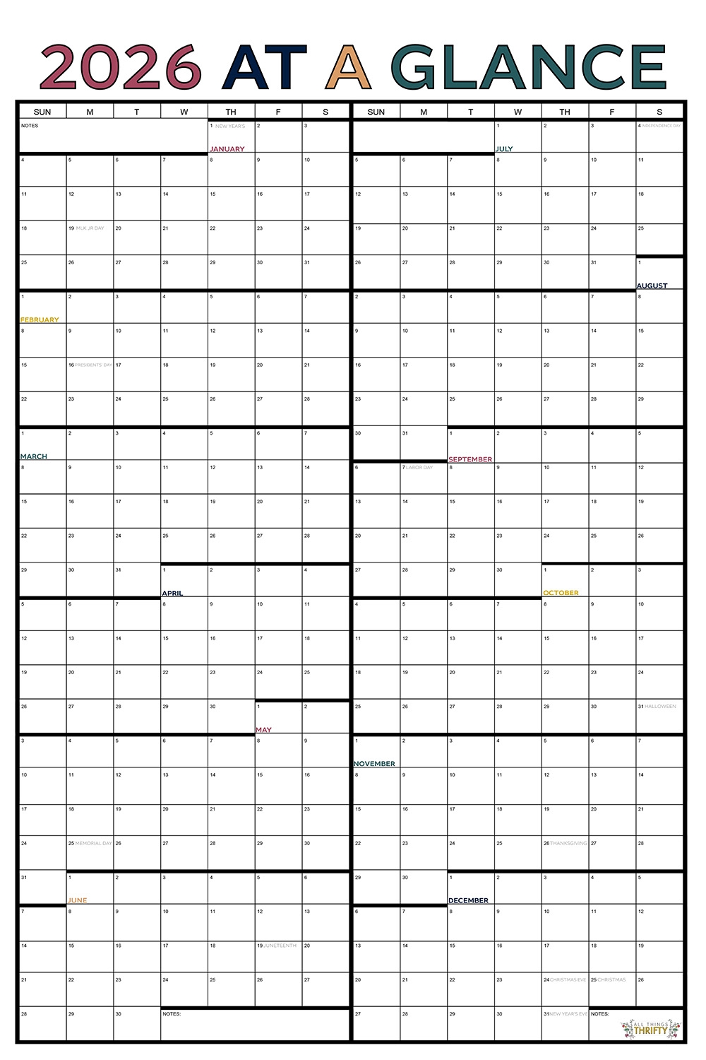 Year At A Glance FREE Printable Calendar All Things Thrifty