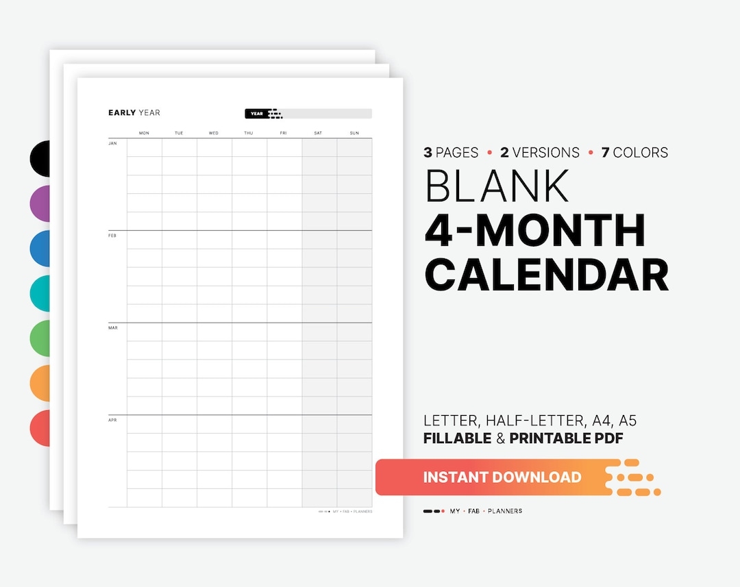 Yearly 4 month Calendar Fillable Planner Template Blank Yearly Monthly Digital Wall Calendar Printable Letter Half letter A4 A5 PDF Etsy