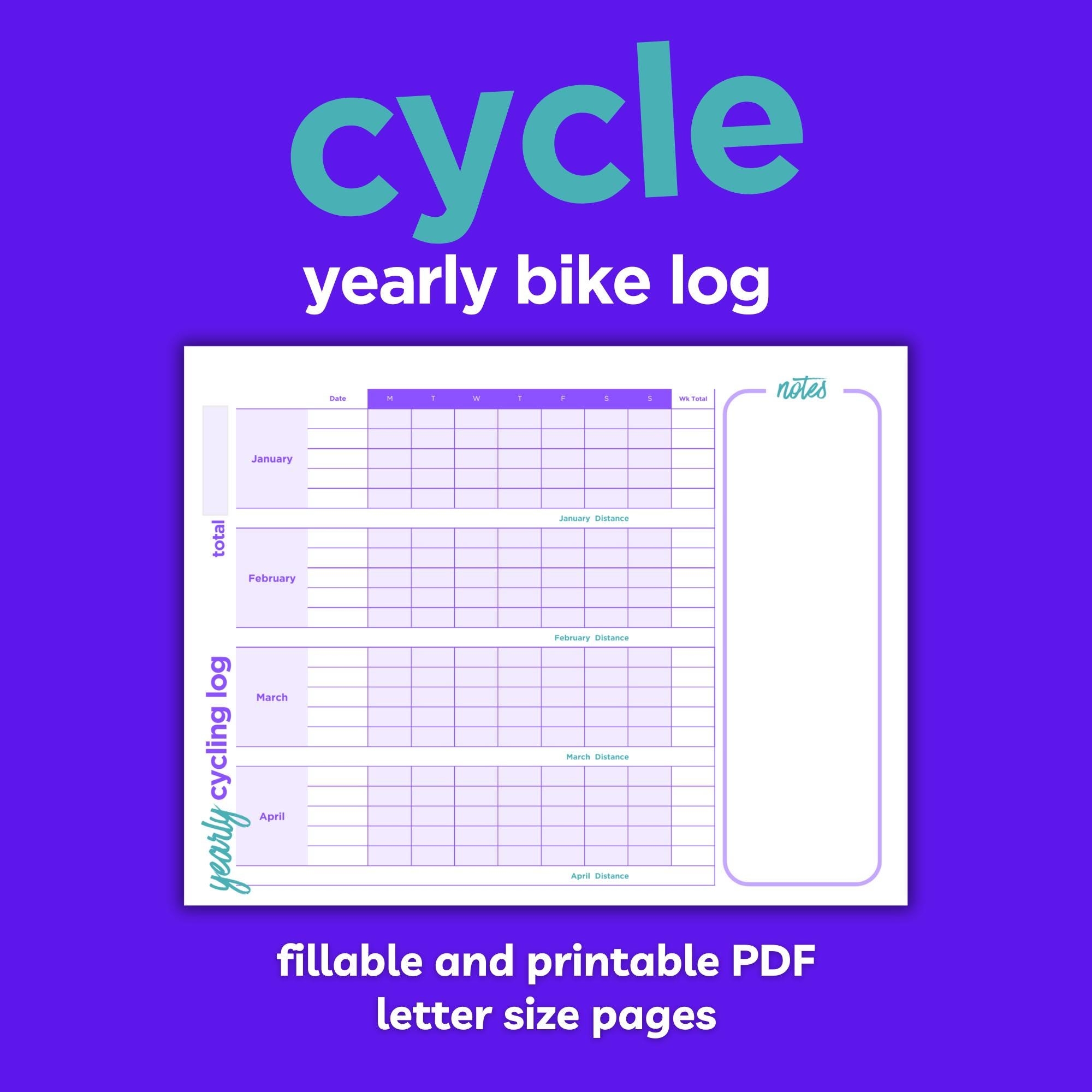 Yearly Cycling Mileage Log Sheet printable And Fillable PDF Etsy